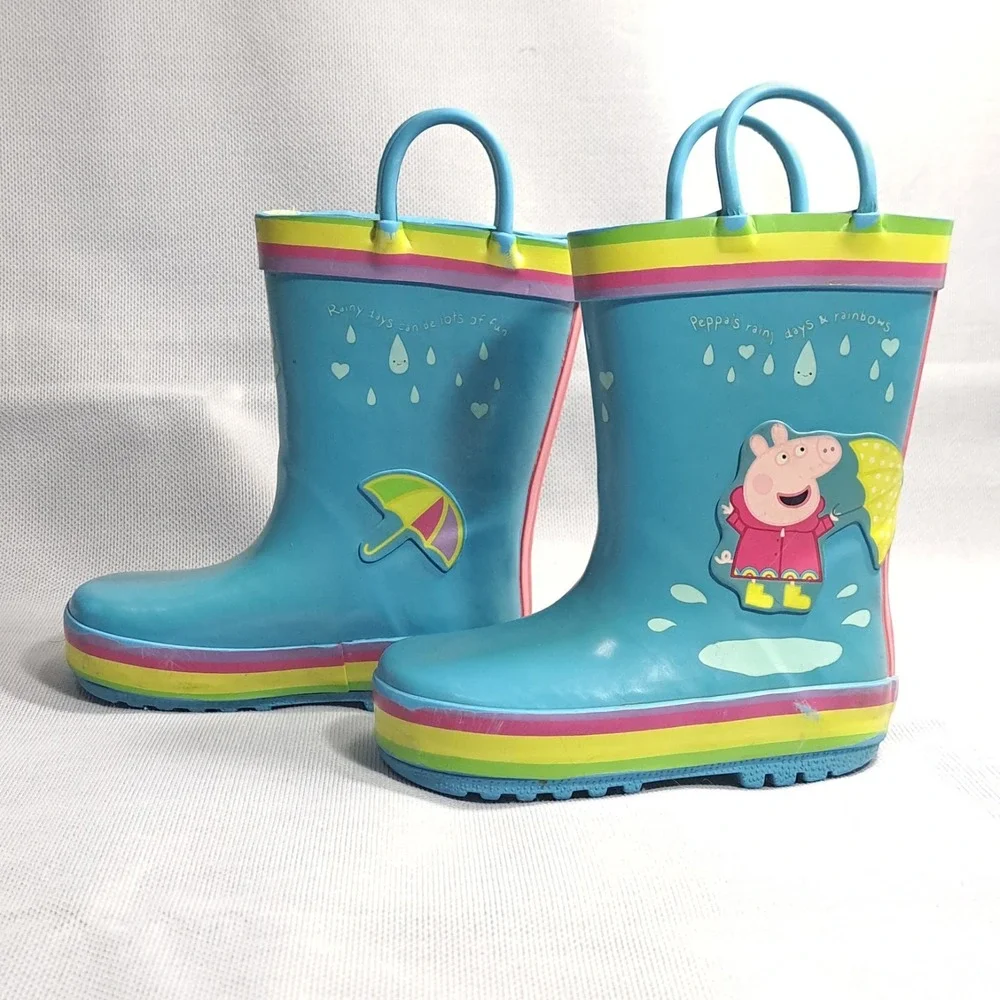 Peppa Pig Kids‎ Rain Boots Size 5-6 Pull On Galoshes Blue Rainbow Umbrella